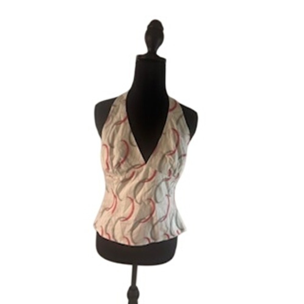 Nine West Suit Halter Top Blouse Red Grey Abstract Swirl Button Back Size 4